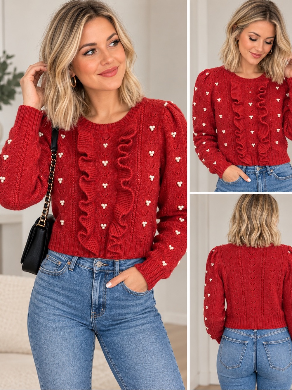 INDUSTRY Republic Company Red Pearl Embellished Ruffle Knit Sweater XL Cropped